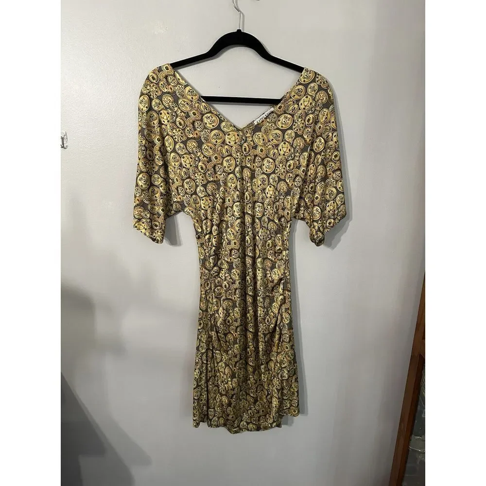 Kathy‎ Kemp Anna Women's Dress Sz2 Brown Coin Design Cinch Waist Flutter Sleeve
